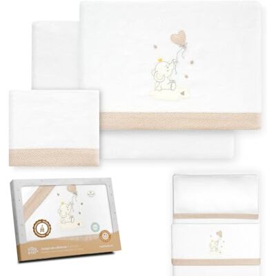 Interbaby Underzy Parure de lit pour berceau en flanelle 100% coton avec drap-housse, drap plat et taie d'oreiller Motif éléphant en forme de cœur Blanc/beige 50 x 80 cm Interbaby Underzy Parure de lit pour berceau en flanelle 100% coton avec drap-housse, drap plat et taie d'oreiller Motif éléphant en forme de cœur Blanc/beige 50 x 80 cm