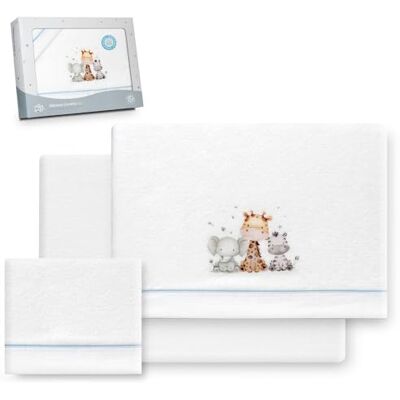 Interbaby Underzy Parure de lit 100% polyester avec drap-housse, drap plat et taie d'oreiller Motif girafe éléphant Blanc/bleu 60 x 120 cm Interbaby Underzy Parure de lit 100% polyester avec drap-housse, drap plat et taie d'oreiller Motif girafe éléphant Blanc/bleu 60 x 120 cm