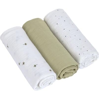 Lässig Bébé Couverture de puériculture Drap de puériculture Lot de 3 en Coton 85 x 85 cm/Swaddle & Burp Blanket L Leave Olive Lässig Bébé Couverture de puériculture Drap de puériculture Lot de 3 en Coton 85 x 85 cm/Swaddle & Burp Blanket L Leave Olive