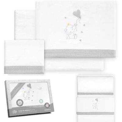 Interbaby Parure de lit pour berceau 50 x 80 cm, 100% coton, avec drap-housse, drap plat et taie d'oreiller, idéal pour l'hiver Ballon éléphant cœur Blanc/gris Interbaby Parure de lit pour berceau 50 x 80 cm, 100% coton, avec drap-housse, drap plat et taie d'oreiller, idéal pour l'hiver Ballon éléphant cœur Blanc/gris