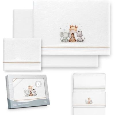 Interbaby Parure de lit d'hiver pour berceau 50 x 80 cm, motif girafe éléphant, comprenant drap housse, drap plat et taie d'oreiller Interbaby Parure de lit d'hiver pour berceau 50 x 80 cm, motif girafe éléphant, comprenant drap housse, drap plat et taie d'oreiller