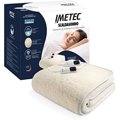 Imetec Réchauffeur adapté pour lit double, 150 x 160 cm, faible consommation, chauffage rapide, température personnalisée, 100% laine et mérinos, fabriqué en Italie, 2 commandes séparées, 6 Imetec Réchauffeur adapté pour lit double, 150 x 160 cm, faible consommation, chauffage rapide, température personnalisée, 100% laine et mérinos, fabriqué en Italie, 2 commandes séparées, 6