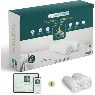 Xcellence Lot de 2 Protege Matelas 160x200 cm Alese Impermeable Silencieux Respirante 100% Bambou Hauteur 35-30cm Naturellement Anti Acarien et Anti Bacterien Forme Drap Housse Xcellence Lot de 2 Protege Matelas 160x200 cm Alese Impermeable Silencieux Respirante 100% Bambou Hauteur 35-30cm Naturellement Anti Acarien et Anti Bacterien Forme Drap Housse