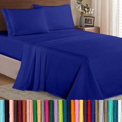 Elegant Comfort Parure de lit 4 pièces en microfibre de qualité hôtelière 1500, infroissable, drap-housse avec élastique tout autour, poche profonde jusqu'à 40,6 cm, très grand lit californien, bleu Elegant Comfort Parure de lit 4 pièces en microfibre de qualité hôtelière 1500, infroissable, drap-housse avec élastique tout autour, poche profonde jusqu'à 40,6 cm, très grand lit californien, bleu