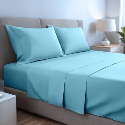 gobedreams Parure de lit double 4 pièces 150 x 190/200, draps en microfibre de polyester brossé, drap plat, drap housse réglable et 2 taies d'oreiller. Couleur eau gobedreams Parure de lit double 4 pièces 150 x 190/200, draps en microfibre de polyester brossé, drap plat, drap housse réglable et 2 taies d'oreiller. Couleur eau