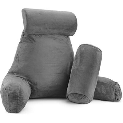 Clara Clark Bed Rest Oreiller de lecture avec bras et poches, en mousse à mémoire de forme déchiquetée de qualité supérieure, rouleau de cou amovible et support lombaire, grand, gris Clara Clark Bed Rest Oreiller de lecture avec bras et poches, en mousse à mémoire de forme déchiquetée de qualité supérieure, rouleau de cou amovible et support lombaire, grand, gris