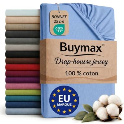Buymax Drap-housse 90x200 cm 100% coton Bleu clair Jersey doux et respirant, certifié OEKO-TEX, bonnet jusqu’à 25 cm et élastique intégral pour un maintien fiable. Buymax Drap-housse 90x200 cm 100% coton Bleu clair Jersey doux et respirant, certifié OEKO-TEX, bonnet jusqu’à 25 cm et élastique intégral pour un maintien fiable.