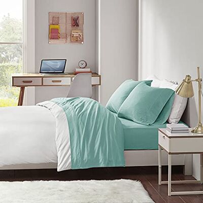 Intelligent Design Parure de lit 4 pièces en jersey de coton mélangé infroissable, doux avec poche de 35,6 cm de profondeur, toutes saisons, confortable, taie d'oreiller assortie, grand lit, turquoise Intelligent Design Parure de lit 4 pièces en jersey de coton mélangé infroissable, doux avec poche de 35,6 cm de profondeur, toutes saisons, confortable, taie d'oreiller assortie, grand lit, turquoise