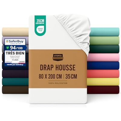 Utopia Bedding Drap Housse Blanc, 80 x 200 cm Bonnets 35 cm pour Matelas Épais Microfibre brossée Utopia Bedding Drap Housse Blanc, 80 x 200 cm Bonnets 35 cm pour Matelas Épais Microfibre brossée