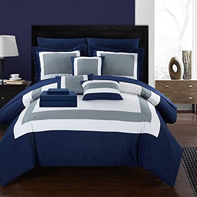 Chic Home – Parure de lit complète à motifs blocs de couleurs avec parure de lit et taies d'oreiller décoratives incluses, coton, bleu marine, grand lit Chic Home – Parure de lit complète à motifs blocs de couleurs avec parure de lit et taies d'oreiller décoratives incluses, coton, bleu marine, grand lit