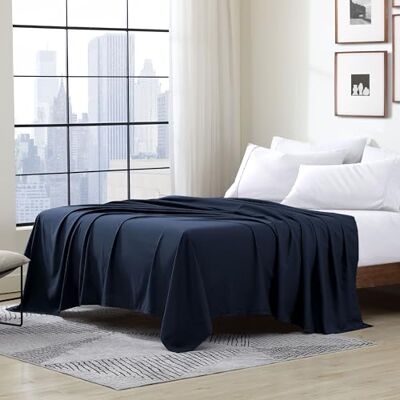 Cathay Home Cathay Drap plat de luxe en polyester doux et soyeux King Size Bleu marine Cathay Home Cathay Drap plat de luxe en polyester doux et soyeux King Size Bleu marine