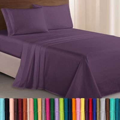 Elegant Comfort Parure de lit douce de 4 pièces en microfibre de qualité hôtelière 1500 avec broderie à trois lignes, résistante aux plis et à la décoloration, pour très grand lit californien, violet Elegant Comfort Parure de lit douce de 4 pièces en microfibre de qualité hôtelière 1500 avec broderie à trois lignes, résistante aux plis et à la décoloration, pour très grand lit californien, violet