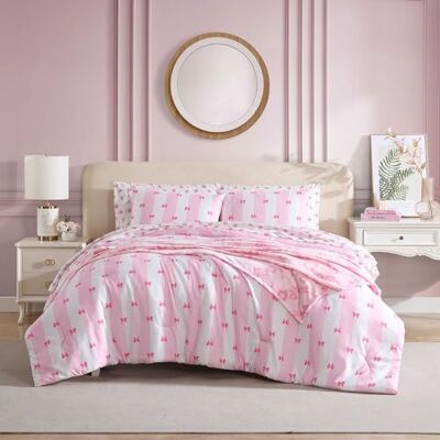 Betsey Johnson Parure de lit super douce avec taies d'oreiller et draps assortis, comprend une taie d'oreiller et un couvre-lit réversible en peluche, cadeaux de Saint-Valentin (nœud à rayures Betsey Johnson Parure de lit super douce avec taies d'oreiller et draps assortis, comprend une taie d'oreiller et un couvre-lit réversible en peluche, cadeaux de Saint-Valentin (nœud à rayures