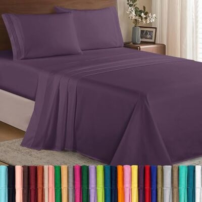 Elegant Comfort Parure de lit 4 pièces de qualité hôtelière haut de gamme 1500, infroissable, drap-housse avec élastique, bonnet profond pour matelas mesurant jusqu'à 40,6 cm, lit double, violet Elegant Comfort Parure de lit 4 pièces de qualité hôtelière haut de gamme 1500, infroissable, drap-housse avec élastique, bonnet profond pour matelas mesurant jusqu'à 40,6 cm, lit double, violet