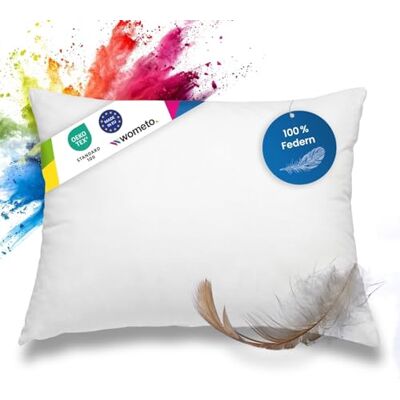 wometo coussin en plumes, 100 % plumes, 40 x 60, 600 g, certifié Oeko-TEX, housse coton, blanc, oreiller wometo coussin en plumes, 100 % plumes, 40 x 60, 600 g, certifié Oeko-TEX, housse coton, blanc, oreiller