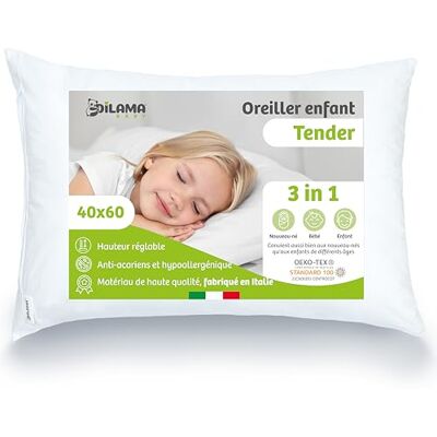 Dilamababy Coussin pour lit bébé 40 x 60 cm, réglable en hauteur, 100 % fabriqué en Italie – 2 – 6 ans – Hypoallergénique anti-acariens lavable – Taie d'oreiller coton percale Oeko Tex Dilamababy Coussin pour lit bébé 40 x 60 cm, réglable en hauteur, 100 % fabriqué en Italie – 2 – 6 ans – Hypoallergénique anti-acariens lavable – Taie d'oreiller coton percale Oeko Tex