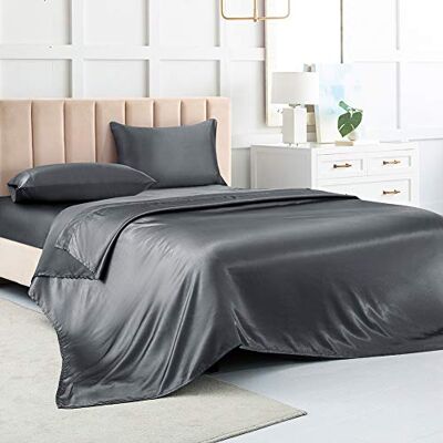 Luxbedding Parure de lit 4 pièces en satin pour très grand lit californien – Draps de soie douce avec 1 drap-housse à poche profonde, 1 drap plat, 2 taies d'oreiller, gris Luxbedding Parure de lit 4 pièces en satin pour très grand lit californien – Draps de soie douce avec 1 drap-housse à poche profonde, 1 drap plat, 2 taies d'oreiller, gris