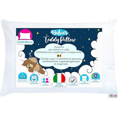 4BABIES Oreiller 50x30 puor Enfant à partir de 1 an, Coussin pour Lit Enfant ou Bébé Respirant avec revêtement en Coton 100% Italien, Coussin Hypoallergénique Anti-acarien 4BABIES Oreiller 50x30 puor Enfant à partir de 1 an, Coussin pour Lit Enfant ou Bébé Respirant avec revêtement en Coton 100% Italien, Coussin Hypoallergénique Anti-acarien