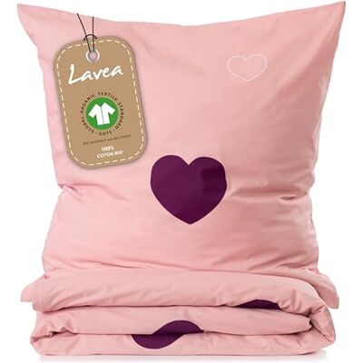 Lavea ® Parure de Lit Enfant – 155x220 cm + 80x80 cm – Rose & Bordeaux 100% Coton Biologique – Douce, Respirante, Motif Cœur Lavea ® Parure de Lit Enfant – 155x220 cm + 80x80 cm – Rose & Bordeaux 100% Coton Biologique – Douce, Respirante, Motif Cœur