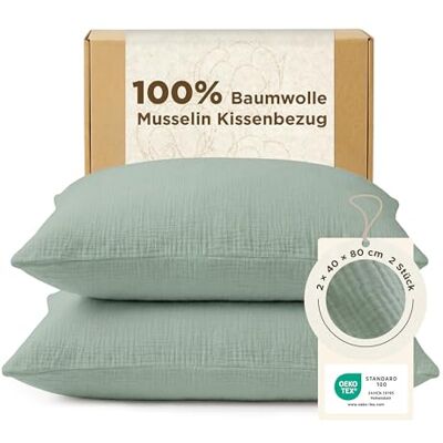 Bedsure Lot de 2 taies d'oreiller en mousseline 40 x 80 cm 100 % coton Vert Certifié Oeko-TEX Bedsure Lot de 2 taies d'oreiller en mousseline 40 x 80 cm 100 % coton Vert Certifié Oeko-TEX