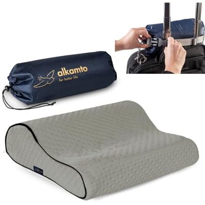 alkamto Oreiller de voyage ergonomique en mousse à mémoire de forme avec coussin thermorégulateur Sac de transport imperméable inclus (gris, 35 x 30 x 10/8 cm) alkamto Oreiller de voyage ergonomique en mousse à mémoire de forme avec coussin thermorégulateur Sac de transport imperméable inclus (gris, 35 x 30 x 10/8 cm)