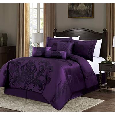 Chezmoi Collection Parure de lit 7 pièces, Jacquard, motif floral, grand lit surdimensionné, violet/violet foncé Chezmoi Collection Parure de lit 7 pièces, Jacquard, motif floral, grand lit surdimensionné, violet/violet foncé