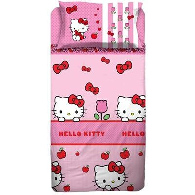 hermet Hello Kitty Parure de lit 1 place, drap plat, drap plat, taie d'oreiller, rose, 100% coton, produit officiel hermet Hello Kitty Parure de lit 1 place, drap plat, drap plat, taie d'oreiller, rose, 100% coton, produit officiel