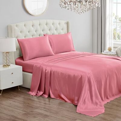 Juicy Couture Queen Size Satin Bed Sheet Set, Deep Pocket Silky Queen Sheet Set with 1 Fitted Sheet, 1 Flat Sheet, and 2 Pillow Case, Wrinkle Resistant and Anti Pilling Bed Sheets Rose Pink Juicy Couture Queen Size Satin Bed Sheet Set, Deep Pocket Silky Queen Sheet Set with 1 Fitted Sheet, 1 Flat Sheet, and 2 Pillow Case, Wrinkle Resistant and Anti Pilling Bed Sheets Rose Pink