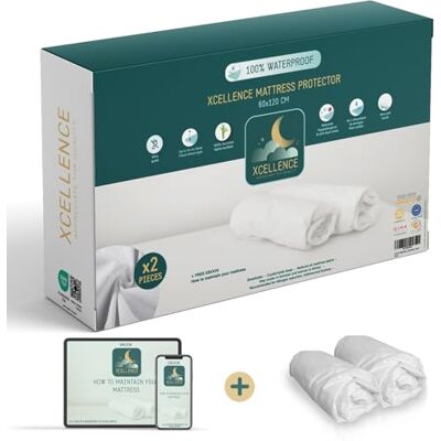 Xcellence Lot de 2 Protège Matelas 60x120 cm Imperméable, Silencieux, Respirant 100% Bambou, Hauteur 15 cm Naturellement Anti-Acariens et Bactéries Forme Drap Housse Bonus Xcellence Lot de 2 Protège Matelas 60x120 cm Imperméable, Silencieux, Respirant 100% Bambou, Hauteur 15 cm Naturellement Anti-Acariens et Bactéries Forme Drap Housse Bonus