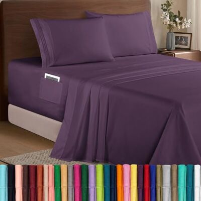 Elegant Comfort Parure de lit 4 pièces en microfibre de qualité hôtelière 1500, douce, élastique tout autour, 45,7 à 61 cm de profondeur, draps à poches très profondes, très grand lit, violet Elegant Comfort Parure de lit 4 pièces en microfibre de qualité hôtelière 1500, douce, élastique tout autour, 45,7 à 61 cm de profondeur, draps à poches très profondes, très grand lit, violet