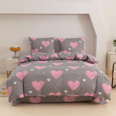 Cotton Market Parure de lit 3 pièces en coton Housse de couette 155 x 220 cm et 2 taies d'oreiller 70 x 80 cm Cœur rose (gris) Cotton Market Parure de lit 3 pièces en coton Housse de couette 155 x 220 cm et 2 taies d'oreiller 70 x 80 cm Cœur rose (gris)