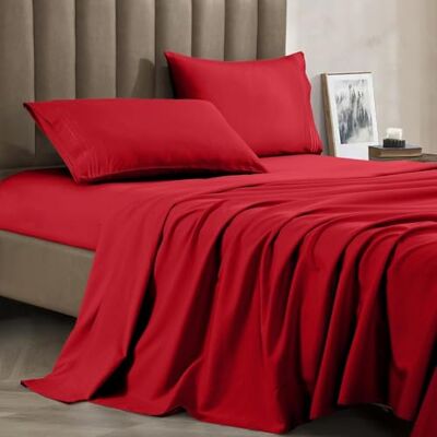 CELINE LINEN Parure de lit 4 pièces de qualité égyptienne de 1800 fils, infroissable, avec poches profondes, 100% hypoallergénique, rouge CELINE LINEN Parure de lit 4 pièces de qualité égyptienne de 1800 fils, infroissable, avec poches profondes, 100% hypoallergénique, rouge