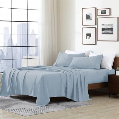 Cathay Home Essentials Parure de lit ultra douce, hypoallergénique et infroissable, en microfibre brossée double, bleu brouillard, grand lit Cathay Home Essentials Parure de lit ultra douce, hypoallergénique et infroissable, en microfibre brossée double, bleu brouillard, grand lit