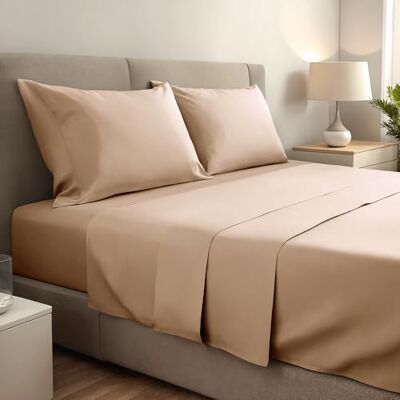 gobedreams Parure de lit king size 4 pièces 180 x 190/200, draps double en microfibre de polyester brossé. Drap plat, drap housse réglable et 2 taies d'oreiller. Couleur : beige gobedreams Parure de lit king size 4 pièces 180 x 190/200, draps double en microfibre de polyester brossé. Drap plat, drap housse réglable et 2 taies d'oreiller. Couleur : beige
