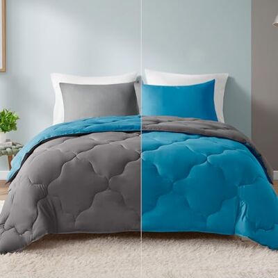 Comfort Spaces Parure de lit légère en duvet alternatif et confortable pour toutes les saisons, taie d'oreiller, polyester, bleu sarcelle/anthracite, grand lit Comfort Spaces Parure de lit légère en duvet alternatif et confortable pour toutes les saisons, taie d'oreiller, polyester, bleu sarcelle/anthracite, grand lit