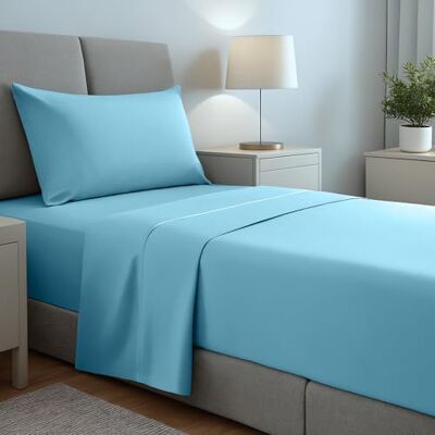gobedreams Parure de lit simple 3 pièces 90 x 190/200, draps en microfibre de polyester brossé. drap plat, drap housse réglable et 1 taie d'oreiller. Couleur eau gobedreams Parure de lit simple 3 pièces 90 x 190/200, draps en microfibre de polyester brossé. drap plat, drap housse réglable et 1 taie d'oreiller. Couleur eau