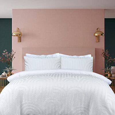 Sleepdown Parure de lit avec Housse de Couette et taies d'oreiller à Motif géométrique touffeté, Blanc, Entretien Facile, lit Double (200 x 200 cm) Sleepdown Parure de lit avec Housse de Couette et taies d'oreiller à Motif géométrique touffeté, Blanc, Entretien Facile, lit Double (200 x 200 cm)