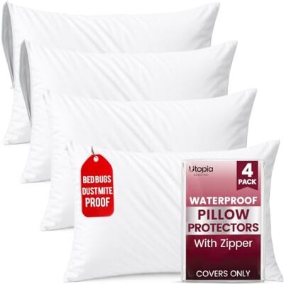 Utopia Bedding Lot de 4 Housses de Coussin imperméables avec Fermeture éclair pour très Grand lit, Housses de Coussin Anti-punaises de lit, Anti-humidité, 50,8 x 96,5 cm, Blanc Utopia Bedding Lot de 4 Housses de Coussin imperméables avec Fermeture éclair pour très Grand lit, Housses de Coussin Anti-punaises de lit, Anti-humidité, 50,8 x 96,5 cm, Blanc