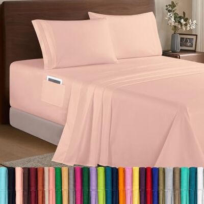 Elegant Comfort Parure de lit 4 pièces de luxe en microfibre de qualité hôtelière 1500, douce, élastique tout autour, 45,7 à 61 cm de profondeur, draps à poches très profondes, grand lit, rose poudré Elegant Comfort Parure de lit 4 pièces de luxe en microfibre de qualité hôtelière 1500, douce, élastique tout autour, 45,7 à 61 cm de profondeur, draps à poches très profondes, grand lit, rose poudré