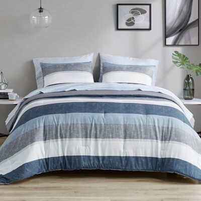 Madison Park Essentials Jaxon Parure de lit 7 pièces avec drap, motif à rayures imprimées, literie moderne pour toutes les saisons et taie d'oreiller assortie, grand lit, bleu/gris Madison Park Essentials Jaxon Parure de lit 7 pièces avec drap, motif à rayures imprimées, literie moderne pour toutes les saisons et taie d'oreiller assortie, grand lit, bleu/gris