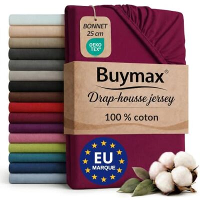 Buymax Drap-housse 140x200 cm 100% coton Bordeaux Jersey doux et respirant, certifié OEKO-TEX, bonnet jusqu’à 25 cm et élastique intégral pour un maintien fiable. Buymax Drap-housse 140x200 cm 100% coton Bordeaux Jersey doux et respirant, certifié OEKO-TEX, bonnet jusqu’à 25 cm et élastique intégral pour un maintien fiable.