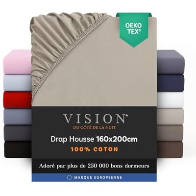 Vision Drap Housse 160 x 200 cm Coloris: Beige 100% Coton: 57 Fils 4 Coins élastiques Vision Drap Housse 160 x 200 cm Coloris: Beige 100% Coton: 57 Fils 4 Coins élastiques