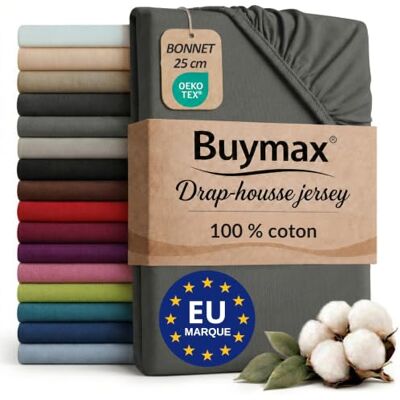 Buymax Drap-housse 140x200 cm 100% coton Anthracite Jersey doux et respirant, certifié OEKO-TEX, bonnet jusqu’à 25 cm et élastique intégral pour un maintien fiable. Buymax Drap-housse 140x200 cm 100% coton Anthracite Jersey doux et respirant, certifié OEKO-TEX, bonnet jusqu’à 25 cm et élastique intégral pour un maintien fiable.