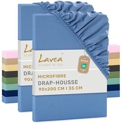 Lavea ® Lot de 2 Draps-Housses 90x200 cm, Microfibre – Bleu ciel Microfibre – Drap Housse Bonnet 20 cm avec Élastique Tout Autour, Doux, Respirant, Certifié OEKO-TEX® Lavea ® Lot de 2 Draps-Housses 90x200 cm, Microfibre – Bleu ciel Microfibre – Drap Housse Bonnet 20 cm avec Élastique Tout Autour, Doux, Respirant, Certifié OEKO-TEX®
