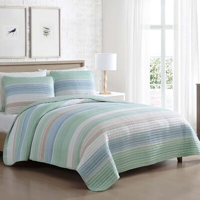 Beatrice Home Fashions Parure de lit rayée en polyester, bleu sauge, très grand lit Beatrice Home Fashions Parure de lit rayée en polyester, bleu sauge, très grand lit
