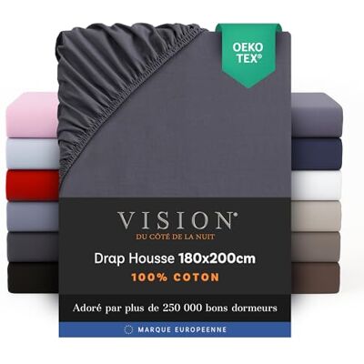 Vision Drap Housse 180 x 200 cm Coloris: Anthracite 100% Coton: 57 Fils 4 Coins élastiques Bonnet de 30 cm Vision Drap Housse 180 x 200 cm Coloris: Anthracite 100% Coton: 57 Fils 4 Coins élastiques Bonnet de 30 cm