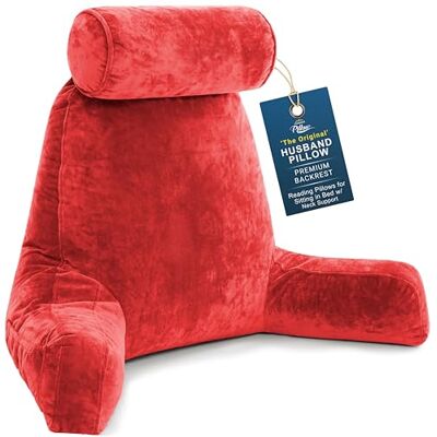 Husband Pillow Coussin de lecture XXL rouge avec accoudoirs – Oreiller de lecture pour adulte avec mousse à mémoire de forme déchiquetée, housse amovible en micropeluche ultra confortable et rouleau Husband Pillow Coussin de lecture XXL rouge avec accoudoirs – Oreiller de lecture pour adulte avec mousse à mémoire de forme déchiquetée, housse amovible en micropeluche ultra confortable et rouleau