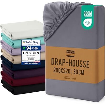 Utopia Bedding Drap Housse Gris, 200 x 220 cm Coupes de 30 cm pour Matelas épais Certifié Oeko-Tex Polyester Microfibre brossée Utopia Bedding Drap Housse Gris, 200 x 220 cm Coupes de 30 cm pour Matelas épais Certifié Oeko-Tex Polyester Microfibre brossée