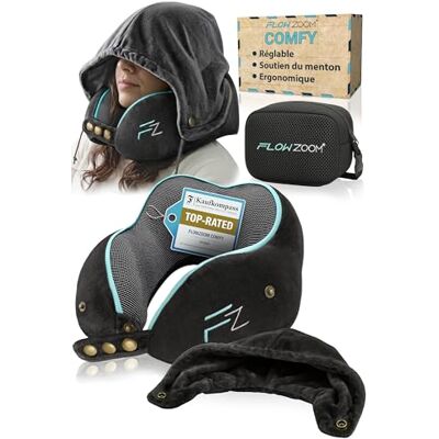 FLOWZOOM Comfy Coussin de Voyage à Capuche en Mousse à Mémoire de Forme pour Avion et Voiture – Oreiller pour Avion Réglable, Soutien à 360°, Housse en Peluche Lavable et Sac de Rangement Noir FLOWZOOM Comfy Coussin de Voyage à Capuche en Mousse à Mémoire de Forme pour Avion et Voiture – Oreiller pour Avion Réglable, Soutien à 360°, Housse en Peluche Lavable et Sac de Rangement Noir
