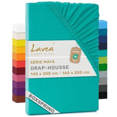 Lavea ® Drap-Housse 140x200cm 100% Coton Grand Bonnet 35 cm pour Matelas épais avec Élastique Tout Autour en Jersey pour Lit Boxspring Turquoise Lavea ® Drap-Housse 140x200cm 100% Coton Grand Bonnet 35 cm pour Matelas épais avec Élastique Tout Autour en Jersey pour Lit Boxspring Turquoise